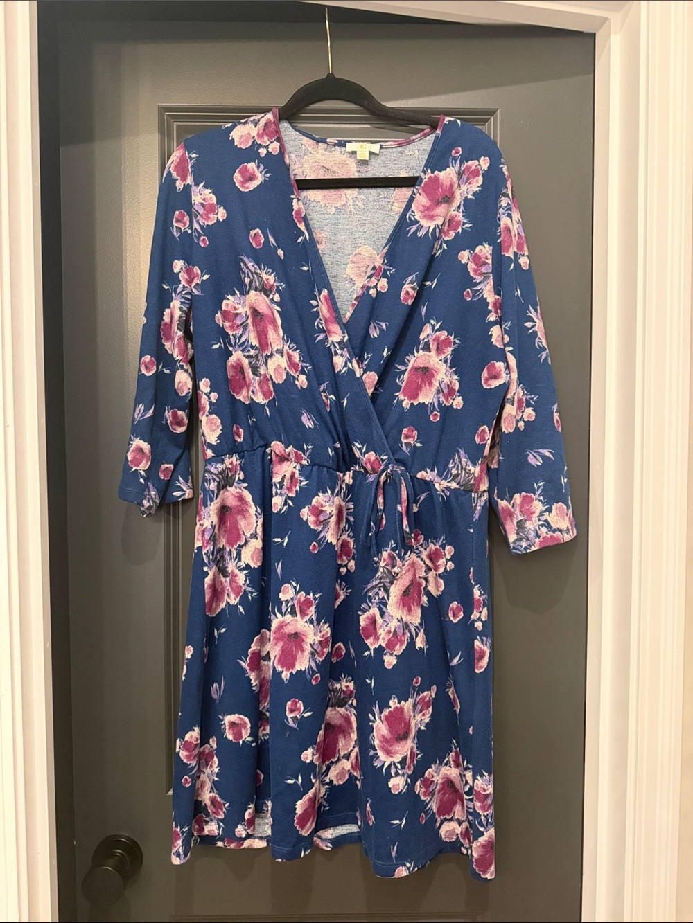 Charming Charlie Floral Wrap Dress - Blue with Pink Bloom Print